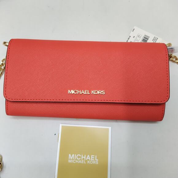Michael Kors Jet Set Large Wallet On Chain - Red Leather Crossbody Bag -NWT $168 - Picture 3 of 14